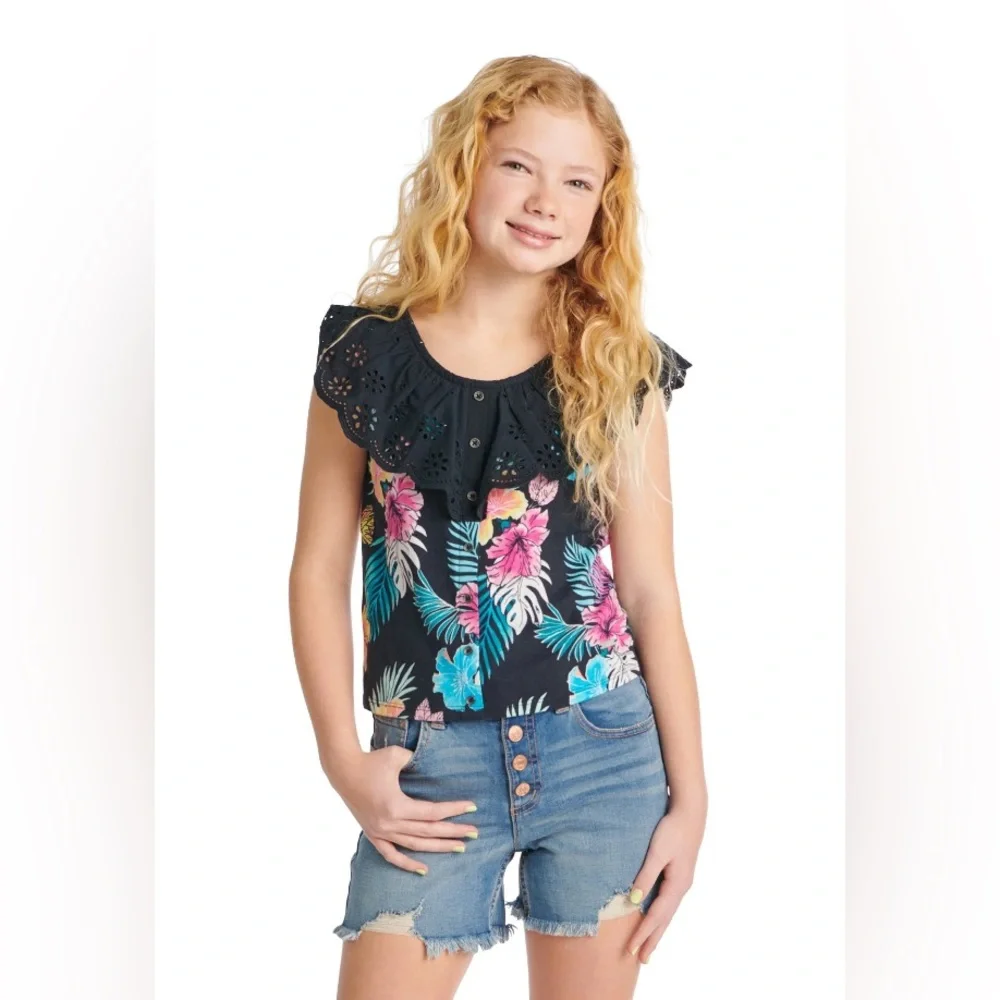Justice Black and Pink Ruffled Blouse with Lace Neckline